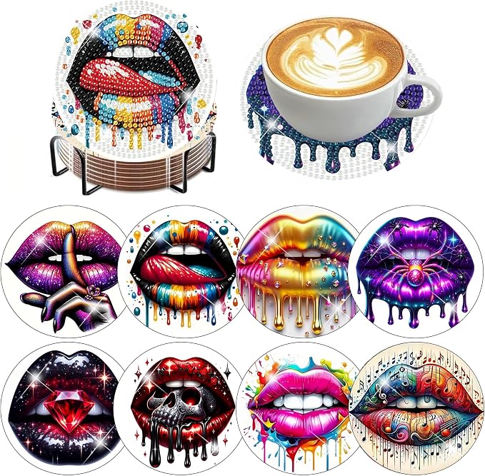 8 Pack Diamond Art Coasters, Sexy lips Diamond Painting Coasters Kits | Lips by Zythron