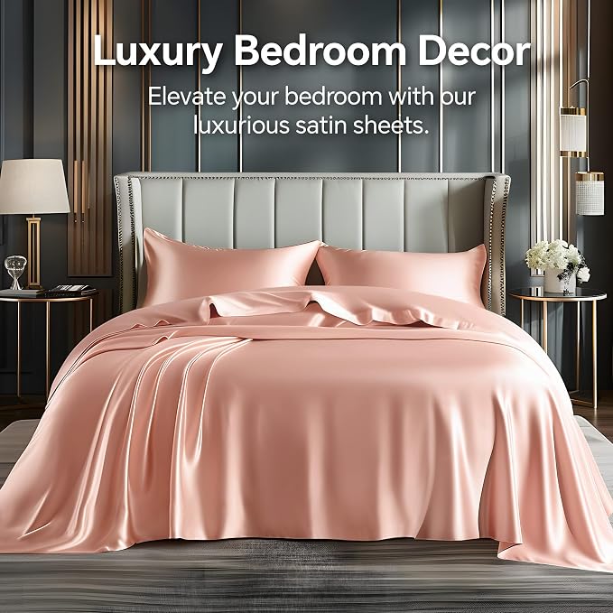 BEDELITE King Size Sheets Set, Luxury Soft Coral Pink Satin Sheets - Image 2