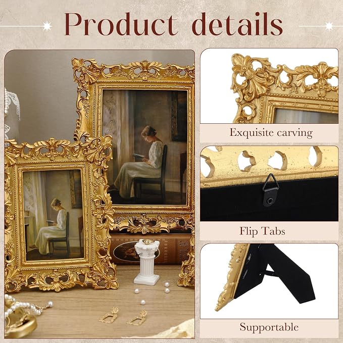 Wonderjune 3 Pcs Vintage Picture Frames Antique Set Baroque Ornate Gold Arched - Image 4