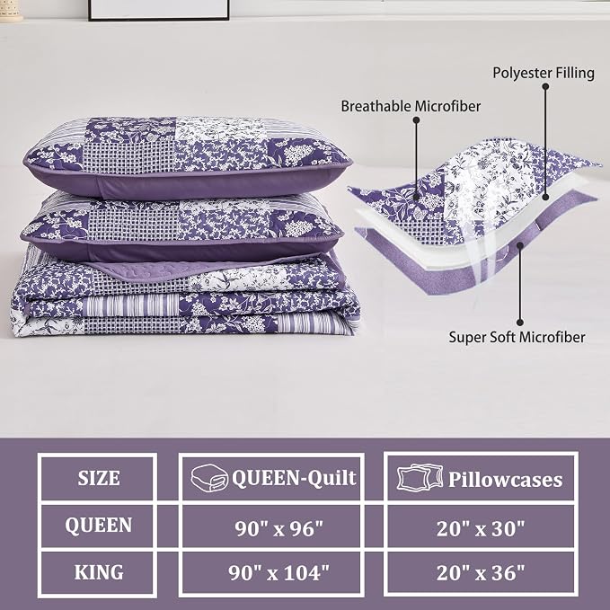 Mybedsoul Purple Quilt Set King Size Quilt Bedding Set Brown Plaid, 3 Pieces - Image 5