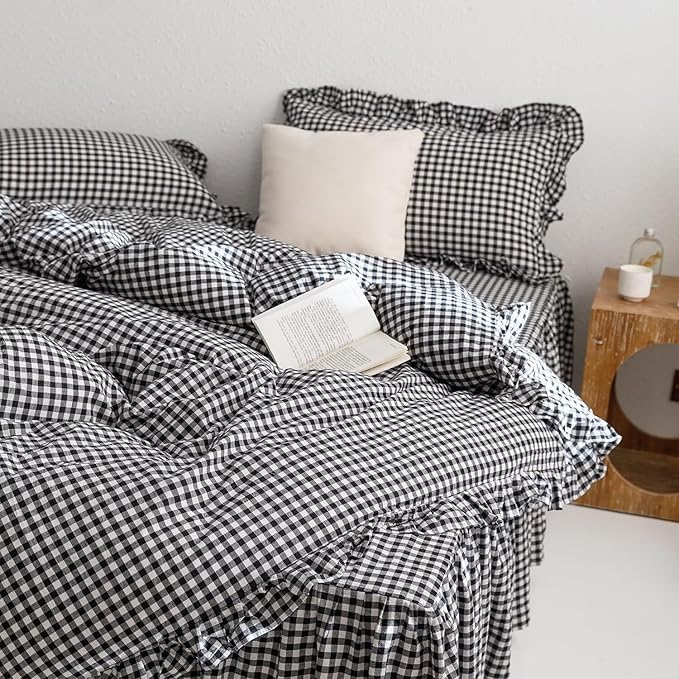 mixinni Black White Gingham Ruffle Duvet Cover Full Size 3 Pieces – 100% Washed - Image 5