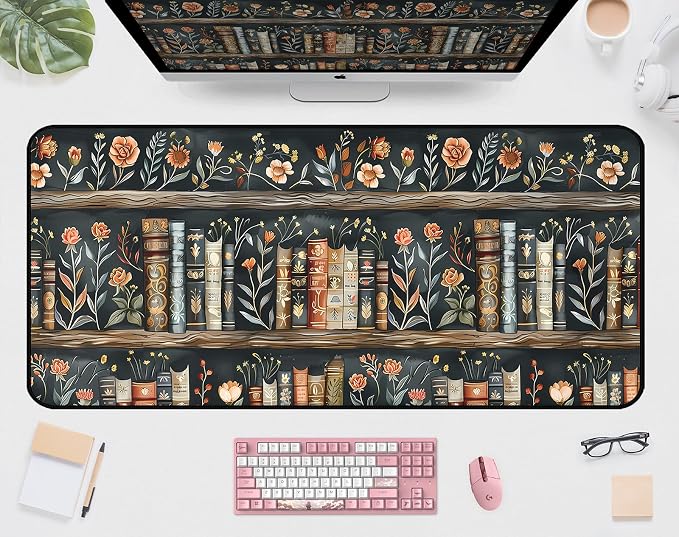 Vintage Flower Bookshelf Desk Mat, Library Book Mouse Pad Desk Pad, Extended by Unknown