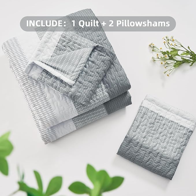Andency Grey Striped Quilt Set Cal King, 3 Pieces Patchwork Bedspread Coverlet - Image 7