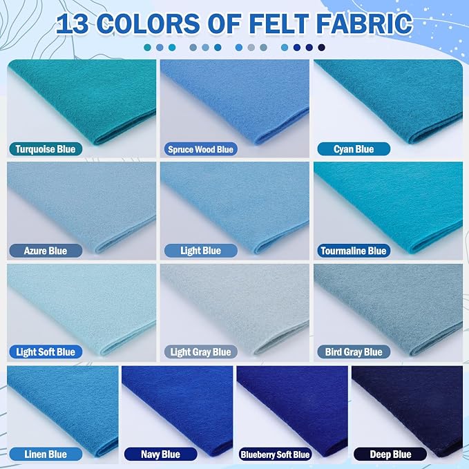 XSEINO 13 Rolls 8"x35" 1.4mm Thick Soft Felt Fabric Sheet 13 Assorted Blue - Image 2