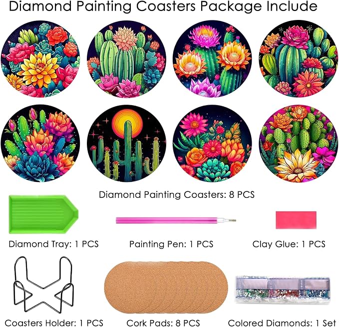 TDOOW Diamond Art Painting Coasters 8 Pcs Colorful Cacti Diamond Art Coasters - Image 2