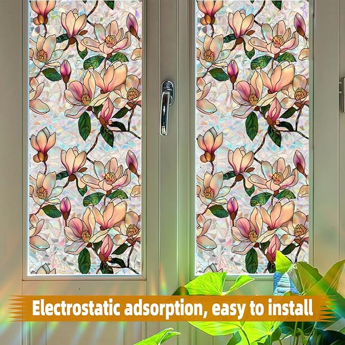 Retro Flowers Window Privacy Film, Magnolia Stained Glass Decorative Window Film - Image 7