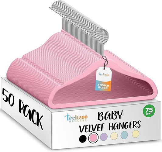 50 Premium Baby Velvet Hangers - 11.8 Inches Non-Slip & Ultra-Slim Baby Hangers for Space-Saving & Children Clothes - 360 Swivel Hook, Strong & Durable Infant & Toddler Clothes Hanger - Pink