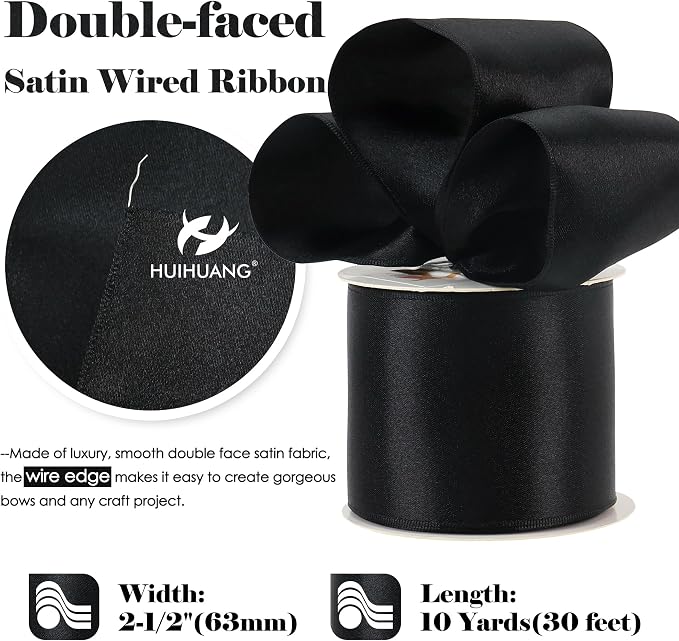 HUIHUANG Black Satin Wired Ribbon 2-1/2 inch Double-Faced Satin Wire Edge Ribbon - Image 2