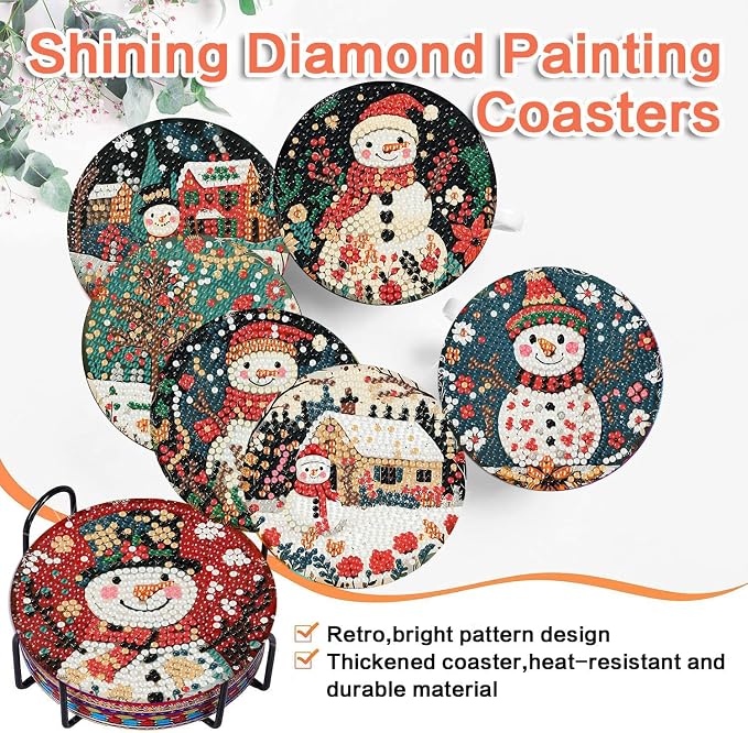ijbnhd 8 PCS Diamond Art Coasters, Christmas Snowman Cork Wooden Pad | Diamond - Image 6