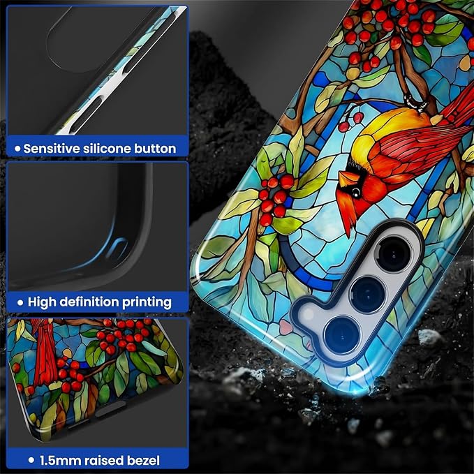 for Samsung Galaxy S23 Plus Case, Stained Glass Cardinal Bird Pattern Glossy 2 - Image 4