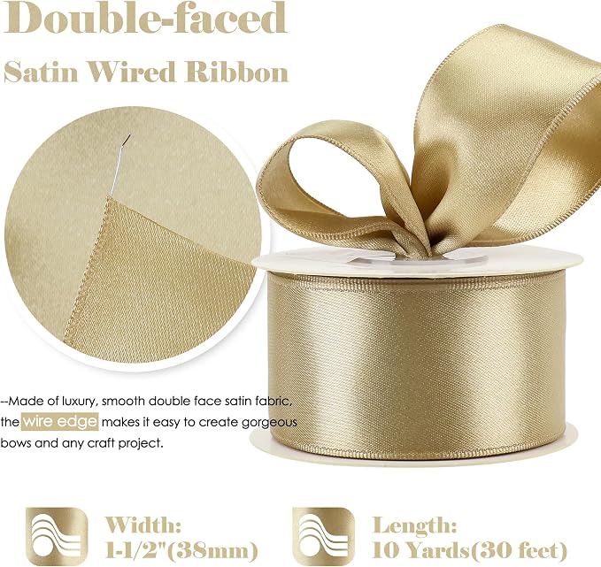 HUIHUANG Champagne Satin Wired Ribbon 1-1/2 inch Champagne Gold Wire Edge Ribbon - Image 2