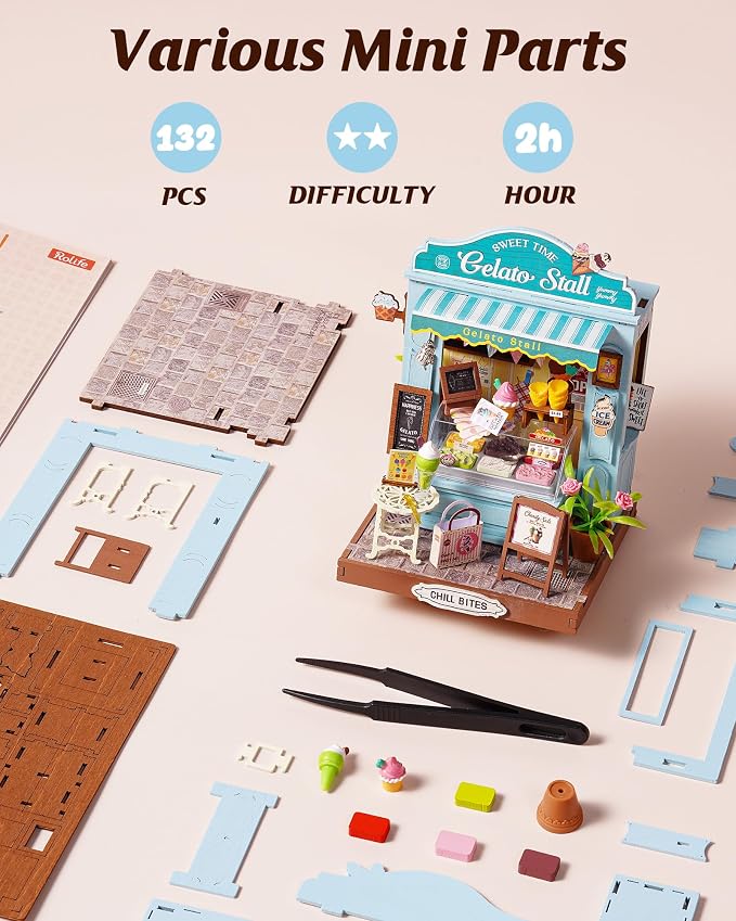 Rolife Miniature House Kits for Adults, Gelato Stall Mini Dollhouse Building - Image 4