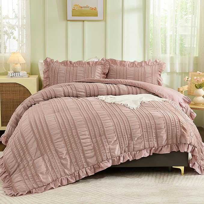 WONGS BEDDING Pink Comforter Set King, 3 Pieces Ruffle Farmhouse Shabby Chic by WONGSBEDDING