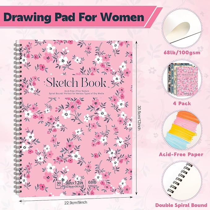 4 Pack Sketch Book, 9 x 12Inch Sketchbook, 68lb/100gsm Spiral Bound Sketch Pad - Image 2