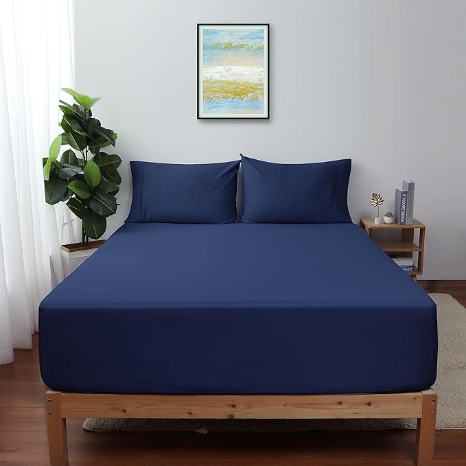 King Size Fitted Sheet Only Navy Blue, 100% Egyptian Cotton 600 Thread Count by ShunjieHome
