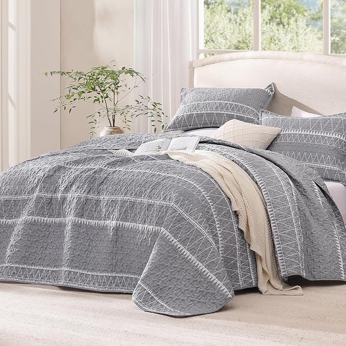 Andency Quilts Queen Size Grey, 3 Pieces Queen Quilt Bedding Set Boho - Image 2