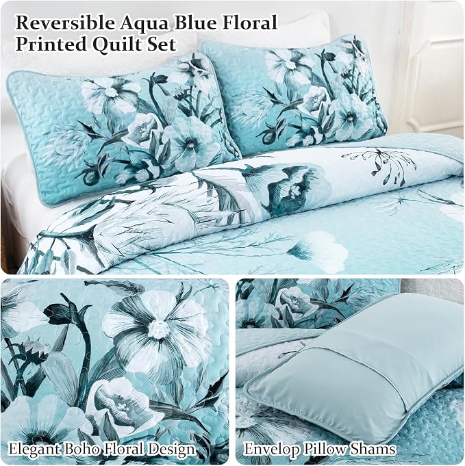 Blue Floral Quilt Set Queen 3 Pieces Boho Flower Quilt Coverlet Set Soft - Image 6