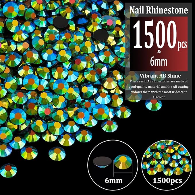 1500pcs 6mm Resin Rhinestones Bulk, Emerald Black AB Flatback Round Jelly - Image 2