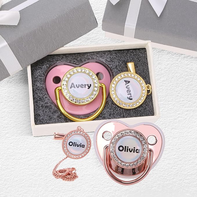 Custom Pacifier with Name, Personalized Pacifier Set with Gift Box, Glitter Crystal Luxury Bling Soother Dummy Ideal Gift for Boys Baby Shower Birthday Christmas Newborn Photography(Blue)
