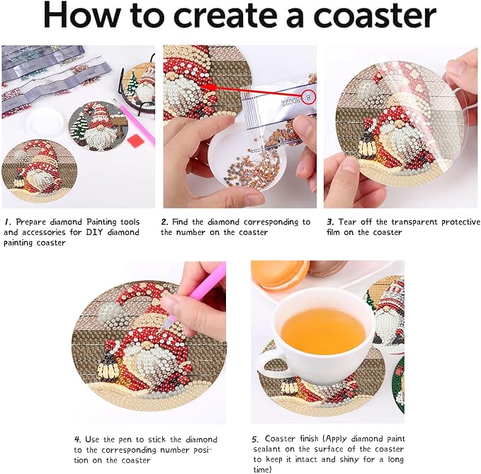 Clendo 8 PCS Christmas Gnome Diamond Art Coaster Kits - Image 6