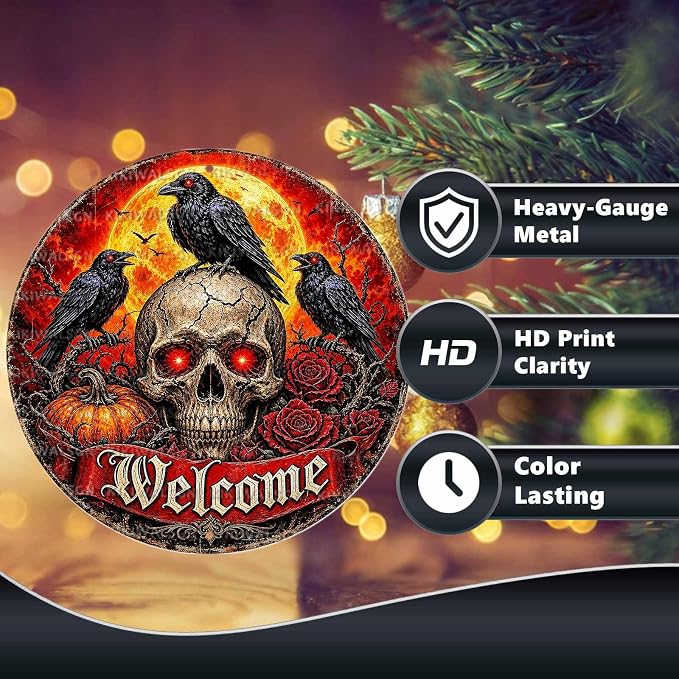 Skull Raven Halloween Metal Tin Sign Round Wall Decor Red Eyes Blood Moon Rose - Image 4