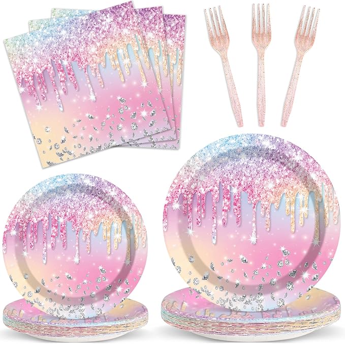100PCS Iridescent Diamond Birthday Party Plates Napkins Forks Supplies Set by Qyeahkj