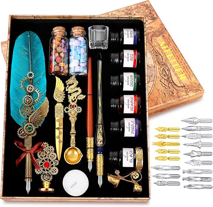 Aifeiter Quill Pen Feather Calligraphy Pen and Ink Set, Wax Seal Stamp Set by Aifeiter