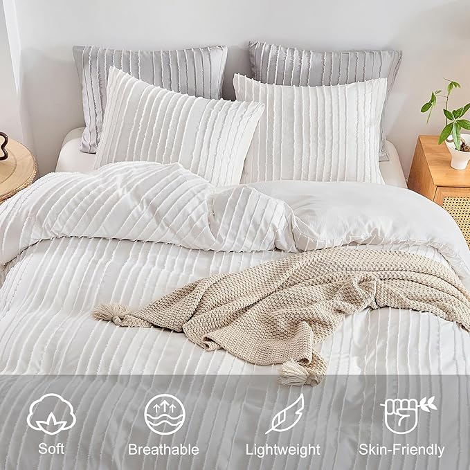 WARMDERN White Boho Duvet Cover Set Queen Size, Striped Textured Tufted Bedding - Image 3