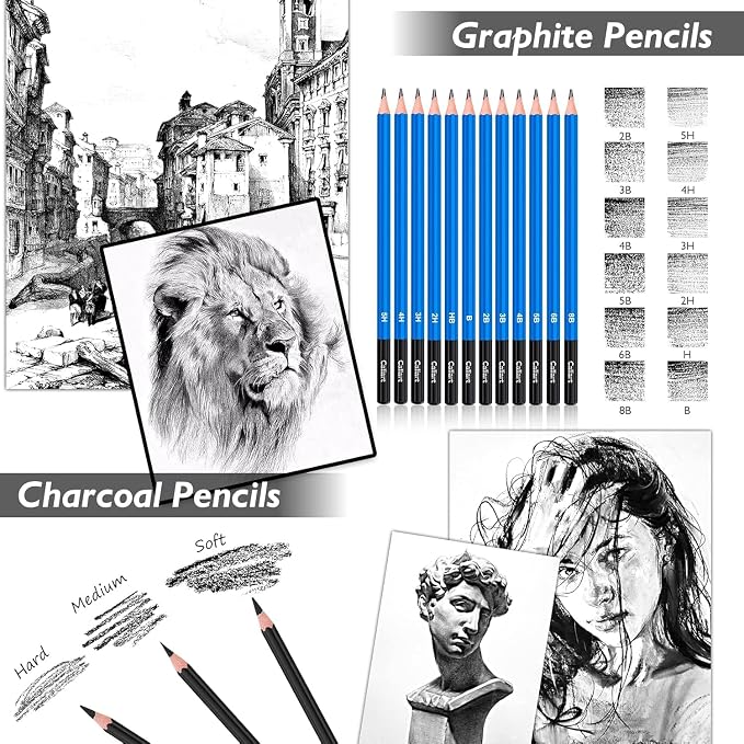 Caliart 176PCS Art Supplies Sketching Kit, 100 Sheets 3-Color Sketch Book | - Image 4