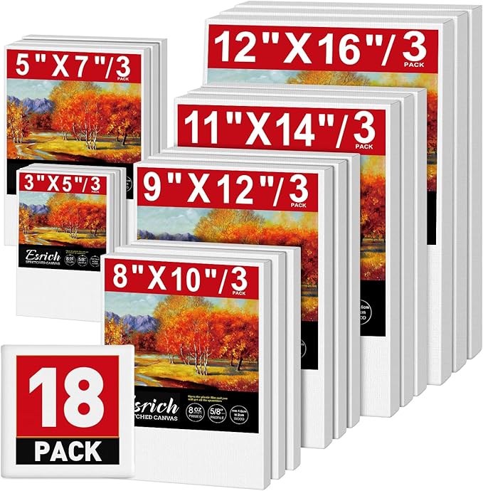 ESRICH Stretched Canvas for Painting, 18 Multi Pack Blank Canvases for Painting by ESRICH