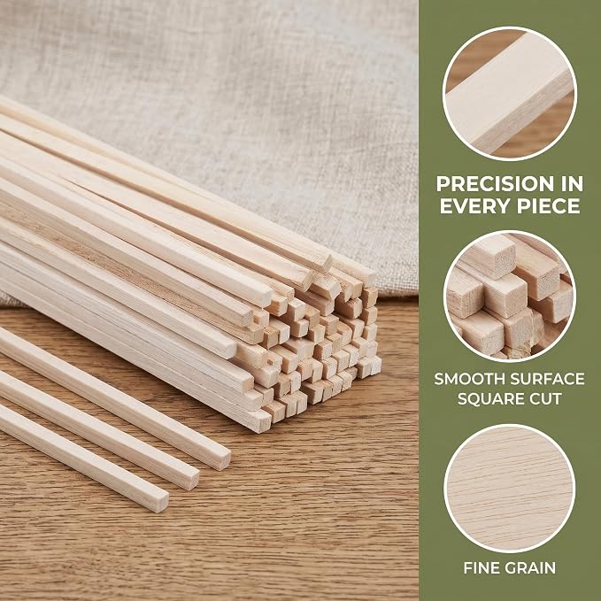 160 Pcs Balsa Wood Strips, 1/8 x 1/8 x 12 Inch Unfinished Soft Wood Sticks - Image 3