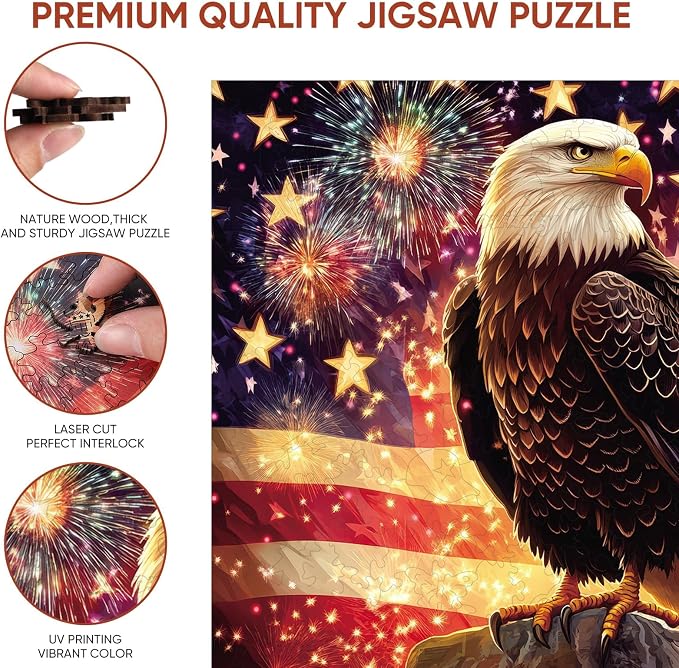 Reouinty Wooden Jigsaw Puzzle for Adults, Eagle Flag Wood Puzzles for Patriot - Image 2