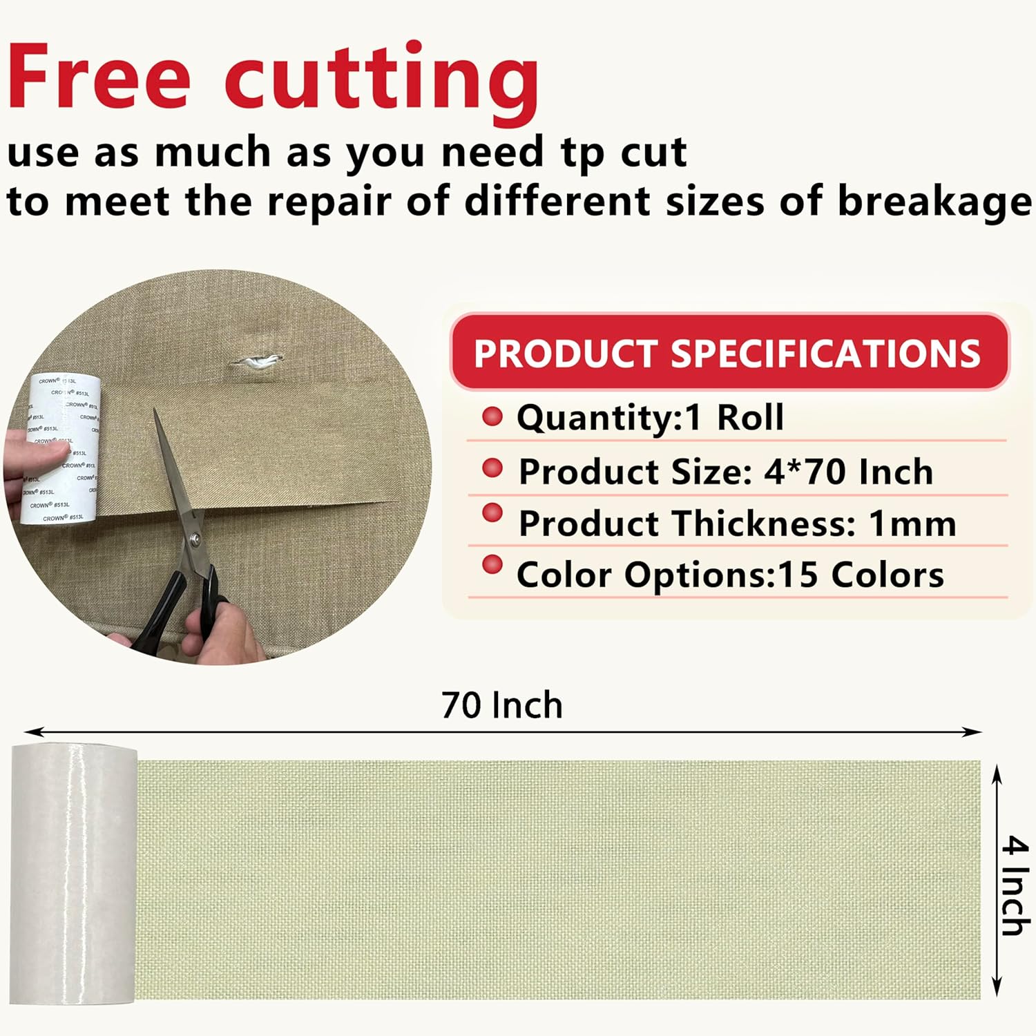 Linen Repair Tape 4x70 Inch Self-Adhesive Couch Patch Repair Fabric Patch for Furniture,Sofas,Cushion,Chairs,Bags,Linen Goods(Off-White)