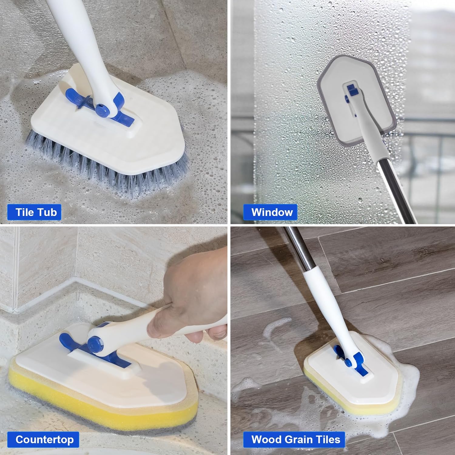 Tile Tub Scrubber Brush with 52-inch Adjustable Long Handle 3-in-1 Rotatable Shower Brush for Cleaning，3 Different Replacement Brush Heads for Cleaning Tub Tile Bathroom Kitchen Walls ，Blue