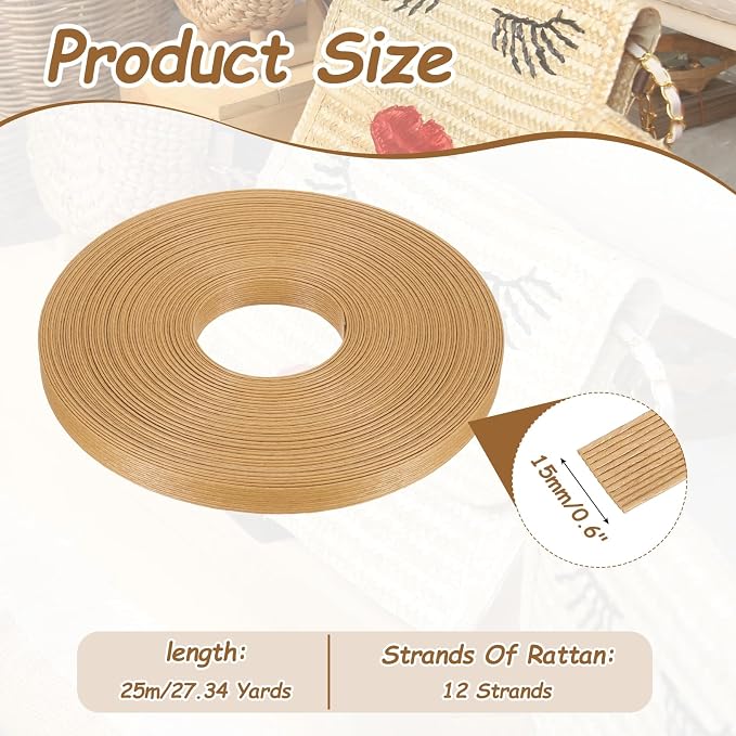 PATIKIL 27.3 Yards x 0.6" Paper Rattan Weaving Cane, 12-Ply Paper Rattan Weave - Image 2