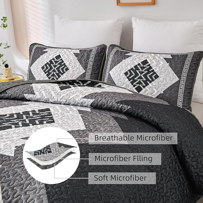 Dintszyayue Black Quilt Set Boho King Size, 3 Piece Aztec Texture Bedspread - Image 6