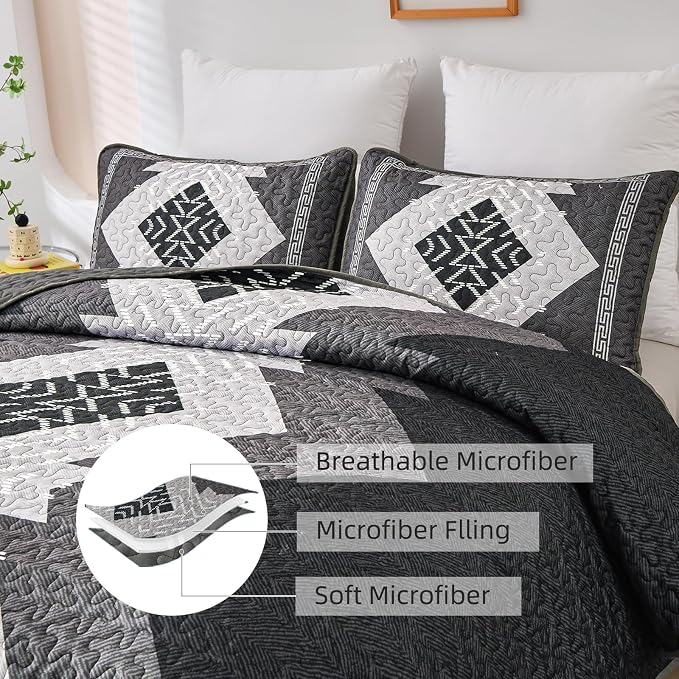 Dintszyayue Black Quilt Set Boho California King Size, 3 Piece Aztec Texture - Image 6