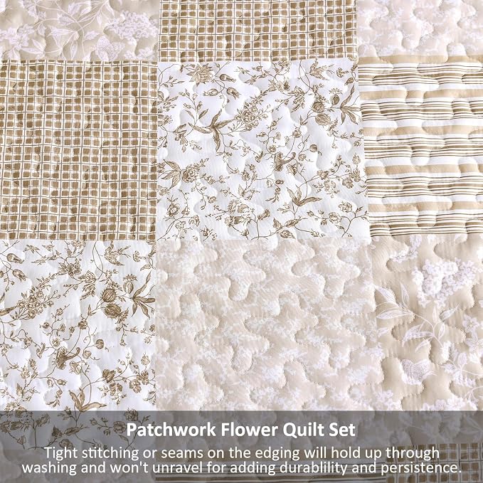Mybedsoul Beige Boho Quilt Set King Size, 3 Pieces Plaid Floral Bedspread Set - Image 6