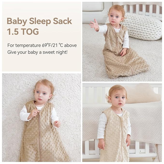 Fleece Baby Sleep Sack 18-24 Months with Plush Dots 1.5 Tog Baby Wearable Blanket with 2-Way Zipper Warm Sleeping Sack for Toddler Infant - XLarge, Coffee