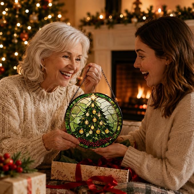 Christmas Tree Acrylic Suncatcher Faux Stained Glass Window Hanging 7.8" | - Image 2