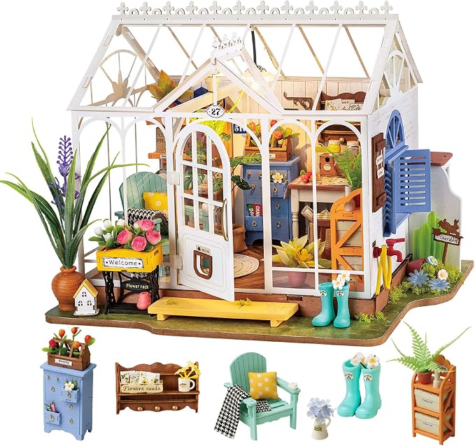 Rolife DIY Miniature Dollhouse Kit, Build 9.6" Greenhouse Diorama Kit Building by Rolife