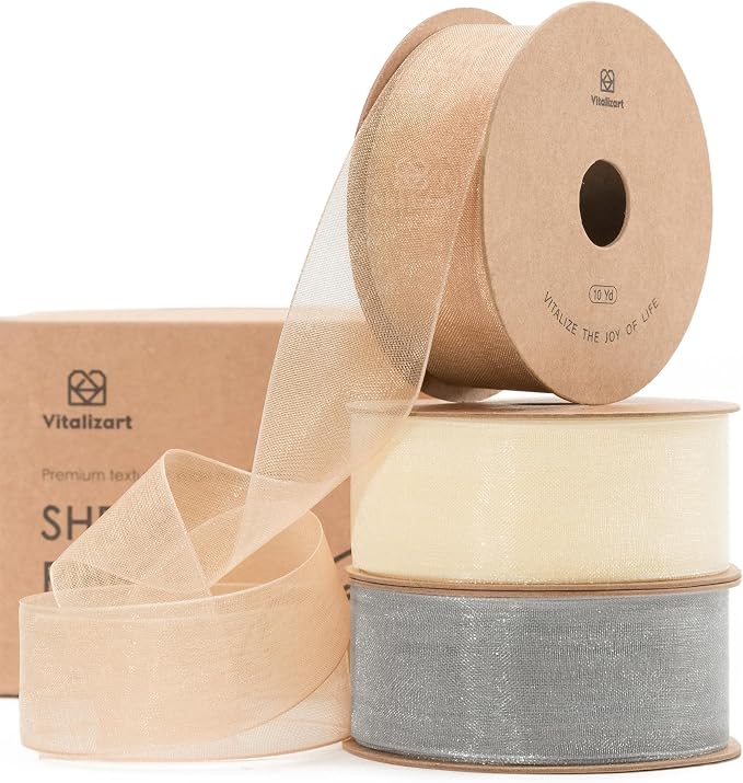 Vitalizart Organza Sheer Ribbon 1 inch x 30 Yd Cream White Rose Gold & Silver by Vitalizart