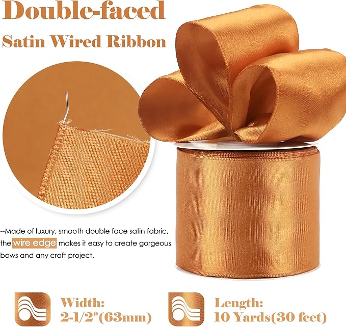 HUIHUANG Burnt Orange Satin Wired Ribbon 2.5 inch Easter Wired Ribbon - Image 2