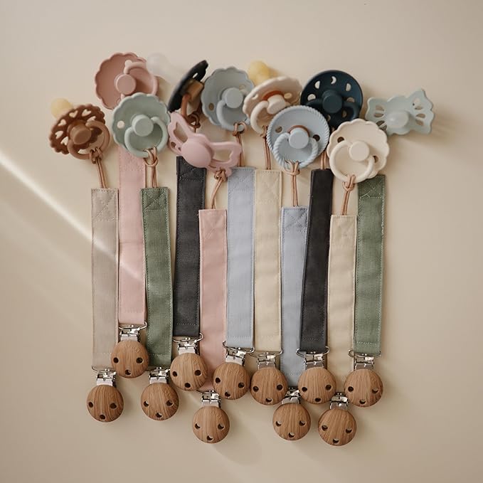 mushie Linen Baby Pacifier Clip Holder | Soft Fabric Strap, 2-Pack (Powder Blue/Deep Sea)