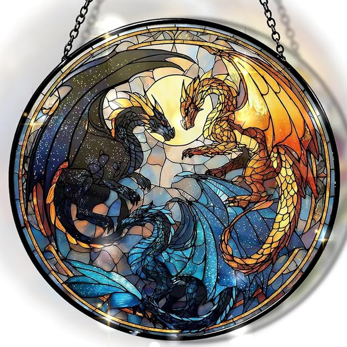 Greatingreat Dragon Stained Glass Window Hanging, 7.87 Inch Bookshelf Decoration by Greatingreat