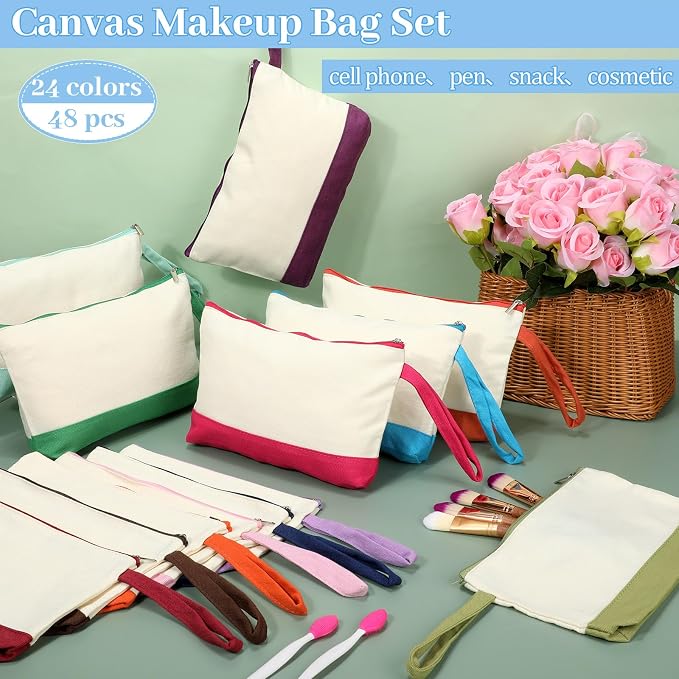 Silkfly 48 Pcs Cotton Canvas Makeup Bags Cosmetic Zipper Bags 10.2 x 5.5 x 2'' - Image 4