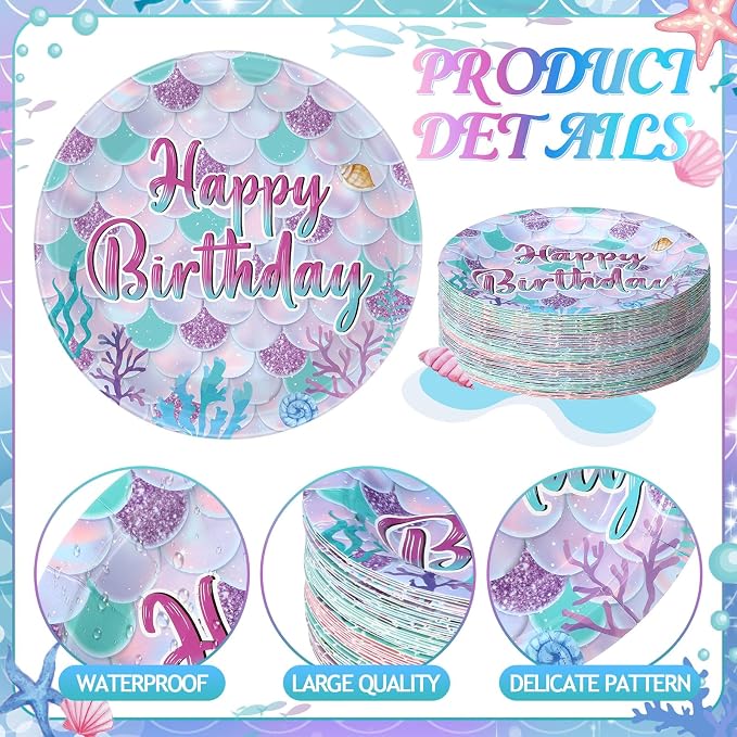Funnymoom 60 Pcs Mermaid Birthday Party Decor 7 Inch Mermaids Dessert Paper - Image 3