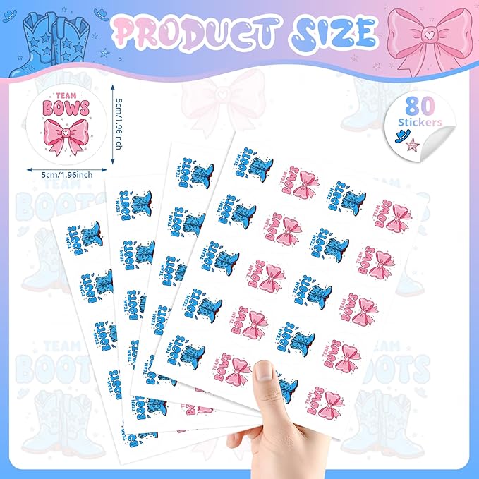 80Pcs Funny Boot and Bow Gender Reveal Stickers Roll, 2 inch Team Boy Team Girl Gender Reveal Labels, Pink and Blue Self-Adhesive Decorative Round Stickers for Birthday Baby Shower Party Supplies
