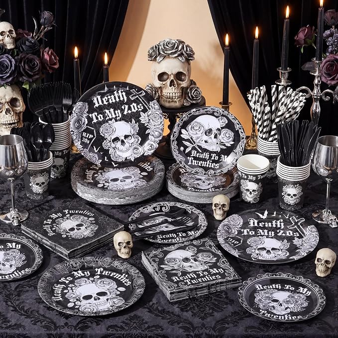 450 Pcs Death to My 20s Tableware Set Black White 30th Birthday Party - Image 4