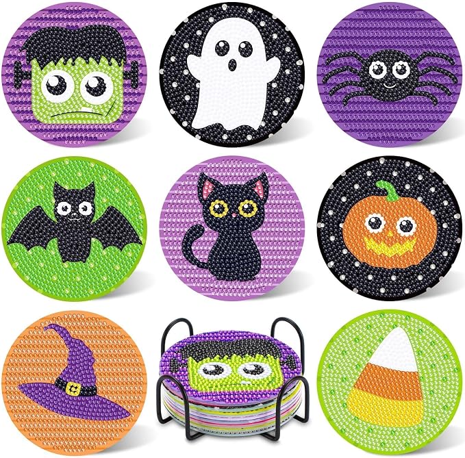 UPINS 8Pcs Halloween Diamond Art Painting Coasters Kits by UPINS